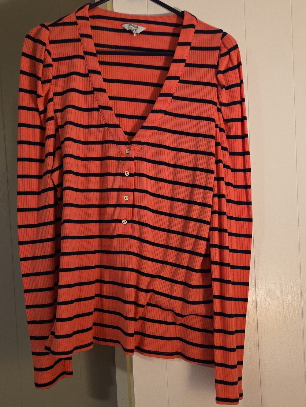 crown & ivy Coral and Black Striped V-Neck Button Ribbed Top